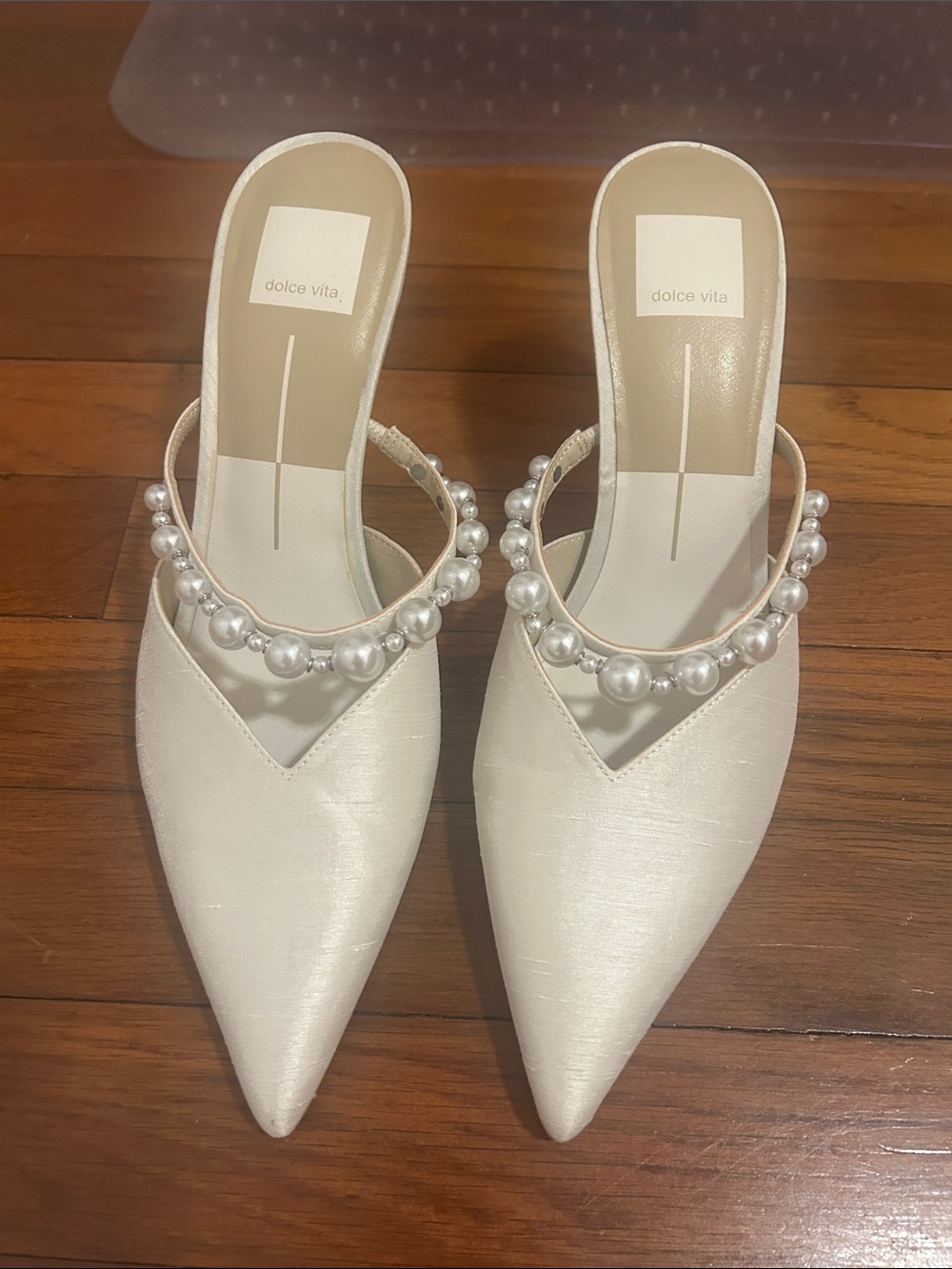 Dolce Vita Ivory Pearl-Embellished Pointed Toe Mules